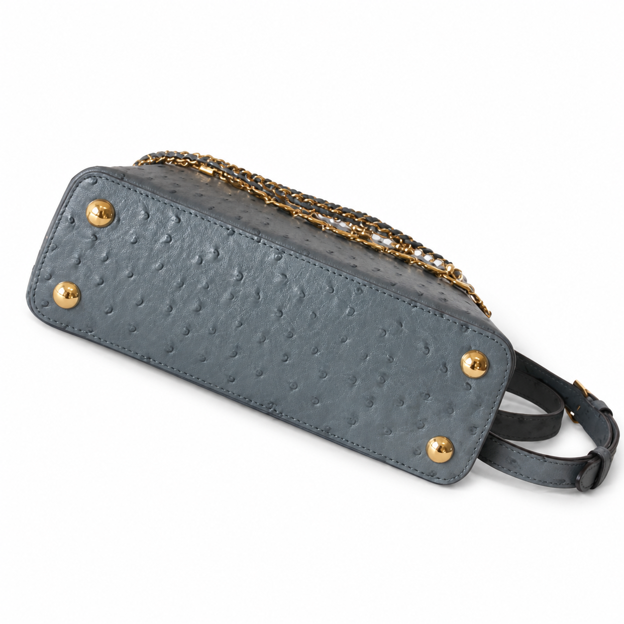 Louis Vuitton Capucines BB — Autruche Ostrich Leather in Bleu Orage with Jewelled Chain & Gold Hardware