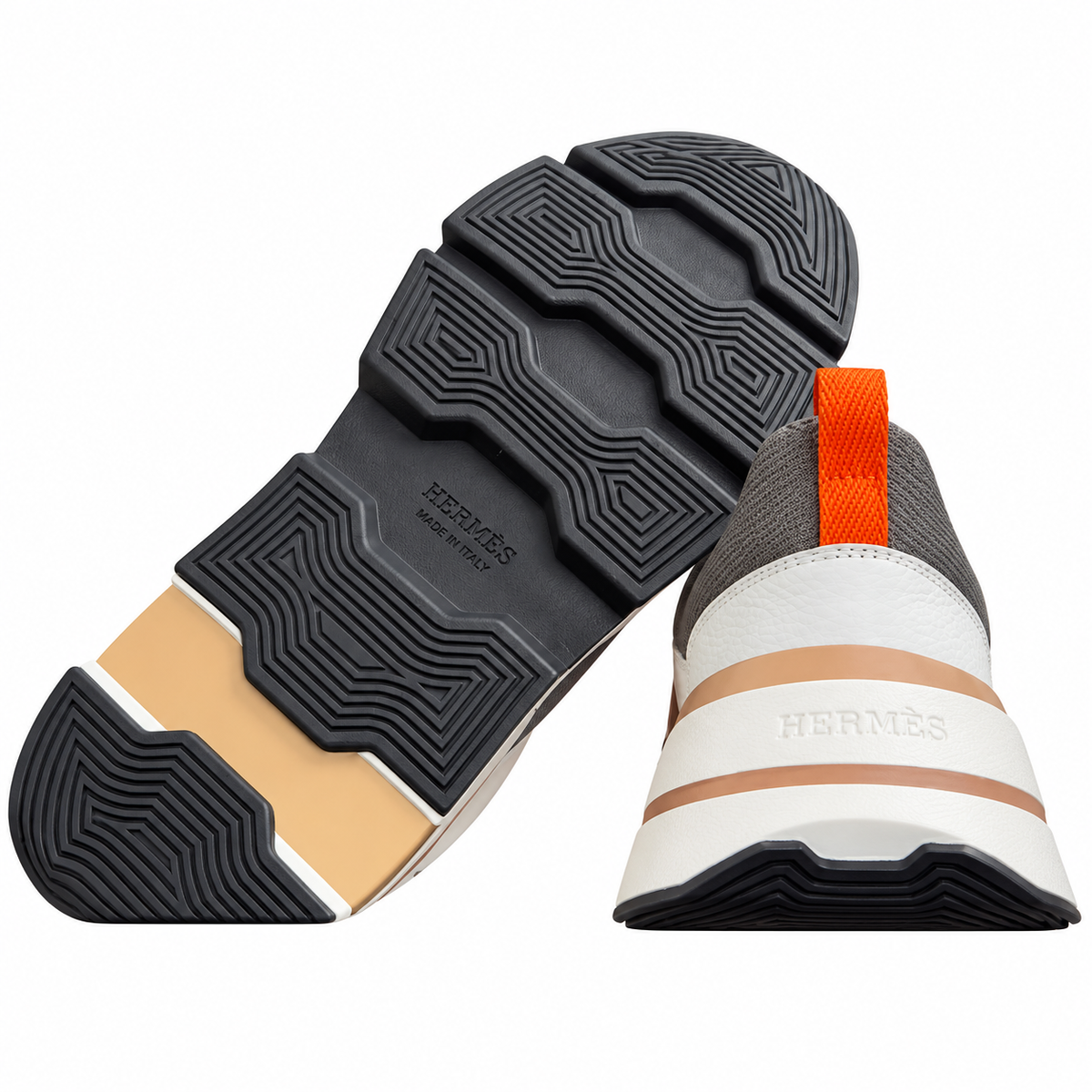 Hermès Gray & White Sneakers with Orange Tabs