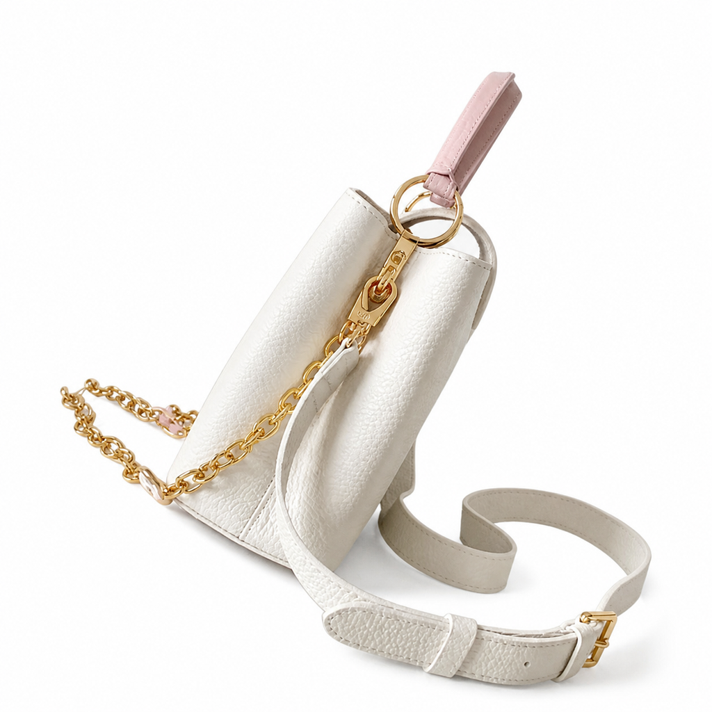 Louis Vuitton Capucines Mini — White Floral Embossed, Blush Pink Handle & Pink-Woven Chain