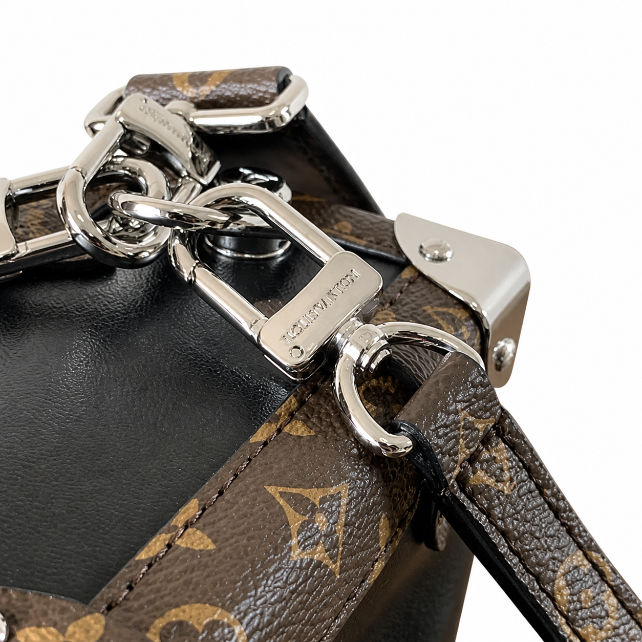 Louis Vuitton Side Trunk MM — Noir Calfskin, Monogram Canvas Frame, Silver V-Lock, Chunky Chain & Dual Closure
