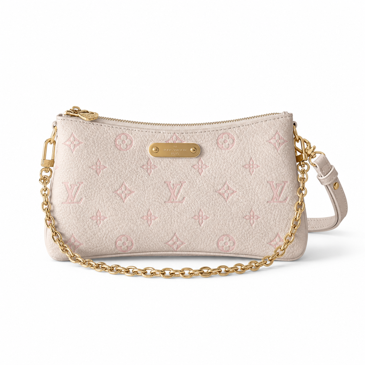 Louis Vuitton Milla MM — Crème Ivoire Empreinte, LV Paris Nameplate, Gold Chain & Leather Shoulder Pad
