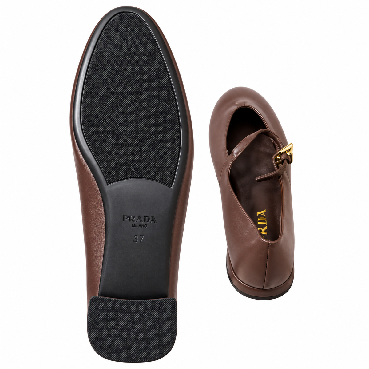 Prada Brown Buckled Mary Jane Ballet Flats