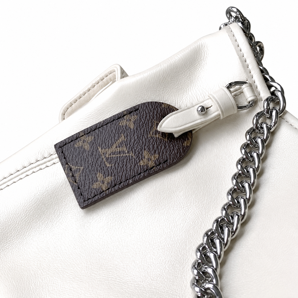 Louis Vuitton Large Shoulder Bag — Blanc Ivoire Smooth Calfskin, Silver Chain, Dome Stud Feet & Monogram Tag