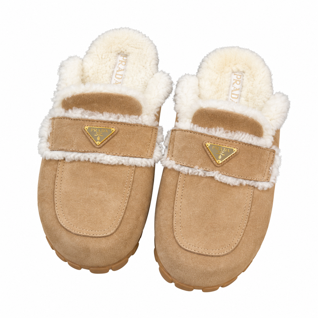 Prada Camel Plush-Trim Lug-Sole Loafer Mules