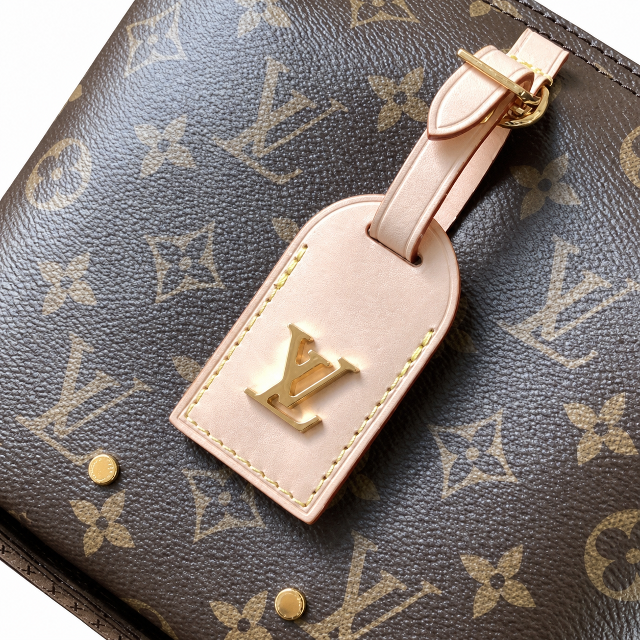 Louis Vuitton Mini Bucket — Monogram Canvas, Red-Trim Vachetta Strap & Gold Chain Base