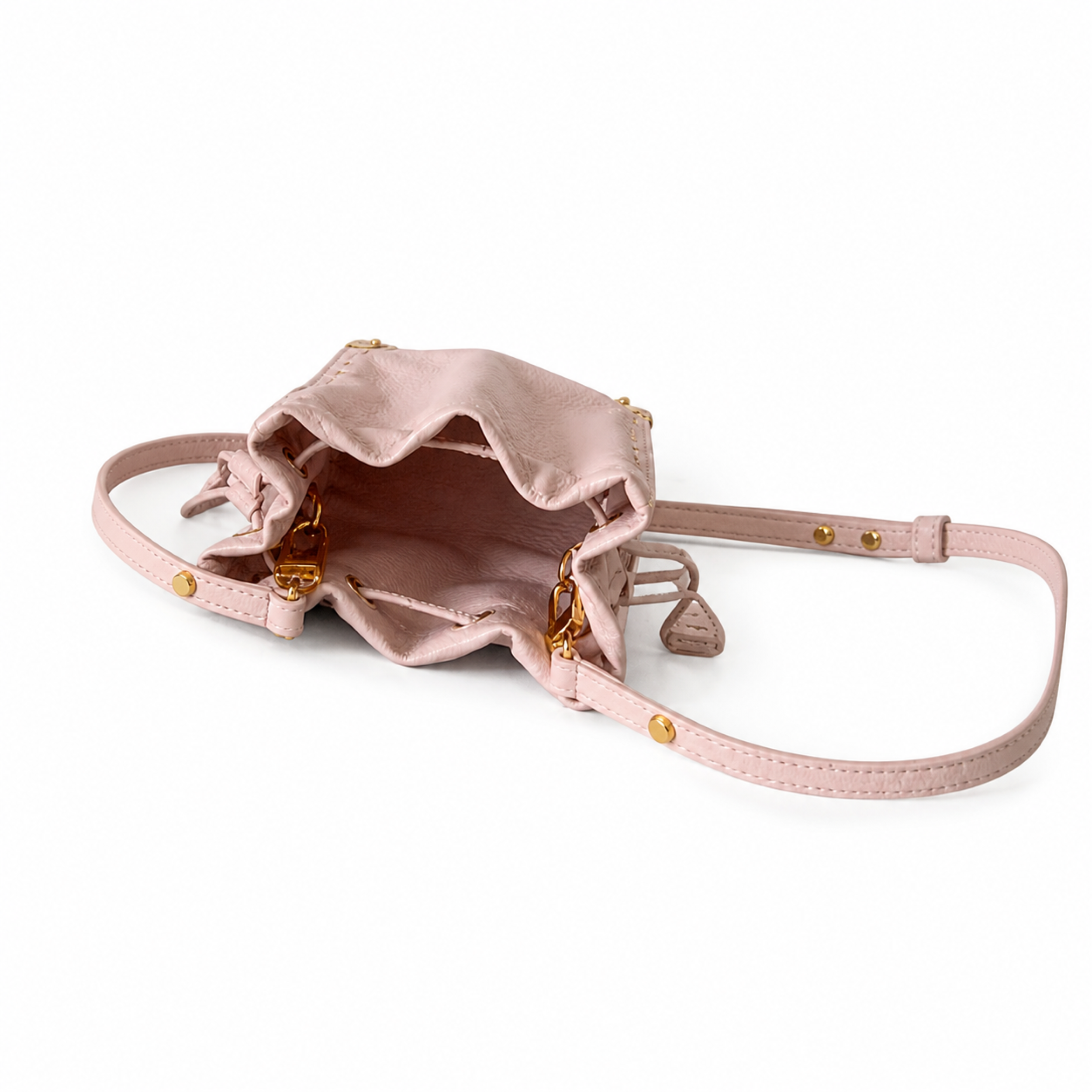Louis Vuitton Nano Noé — Rose Ballerine Empreinte, All-Over Gold Studs, LV D-Ring Drawstring & Pink Interior