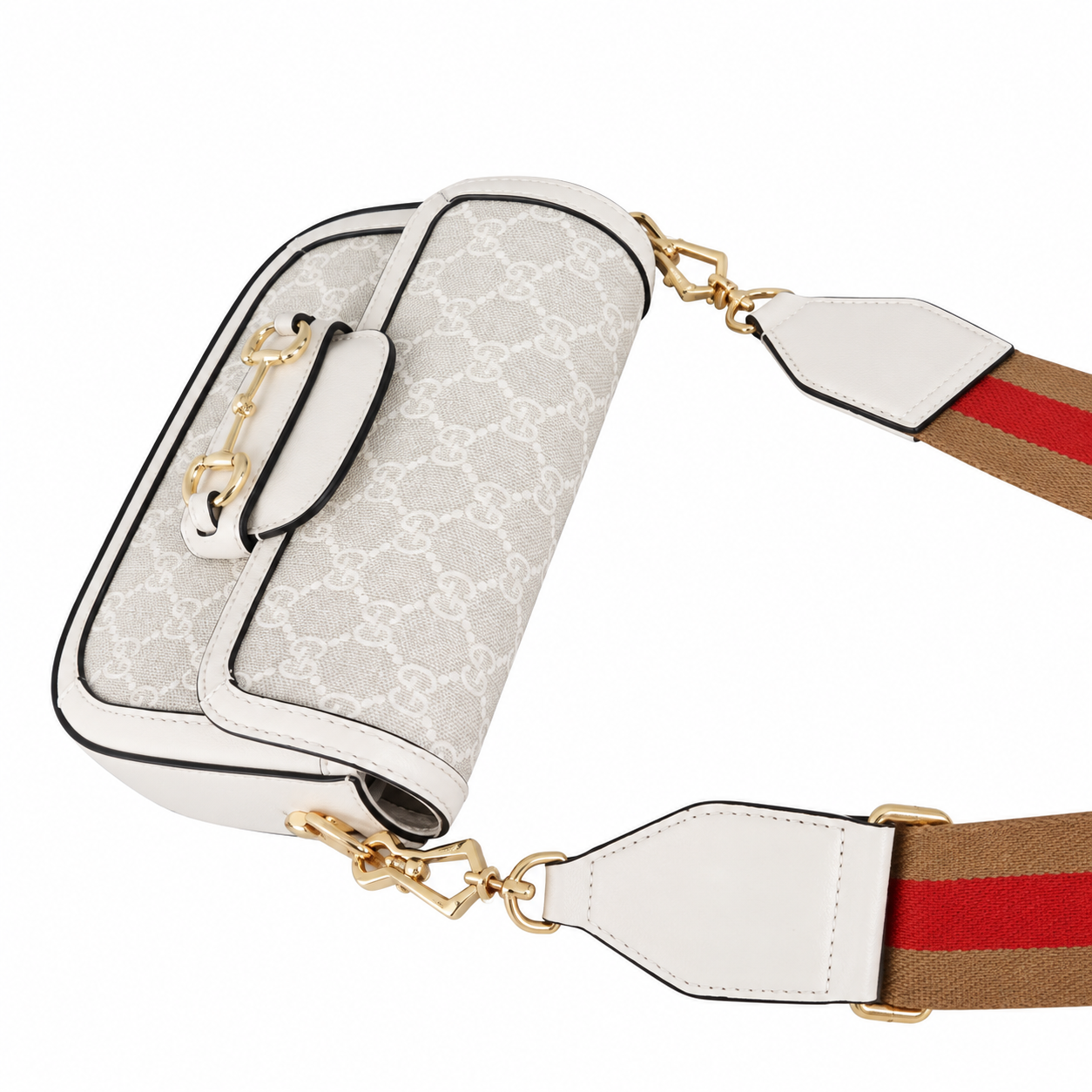 Gucci Horsebit 1955 Mini Crossbody Bag in White GG Supreme with Wide Web Strap