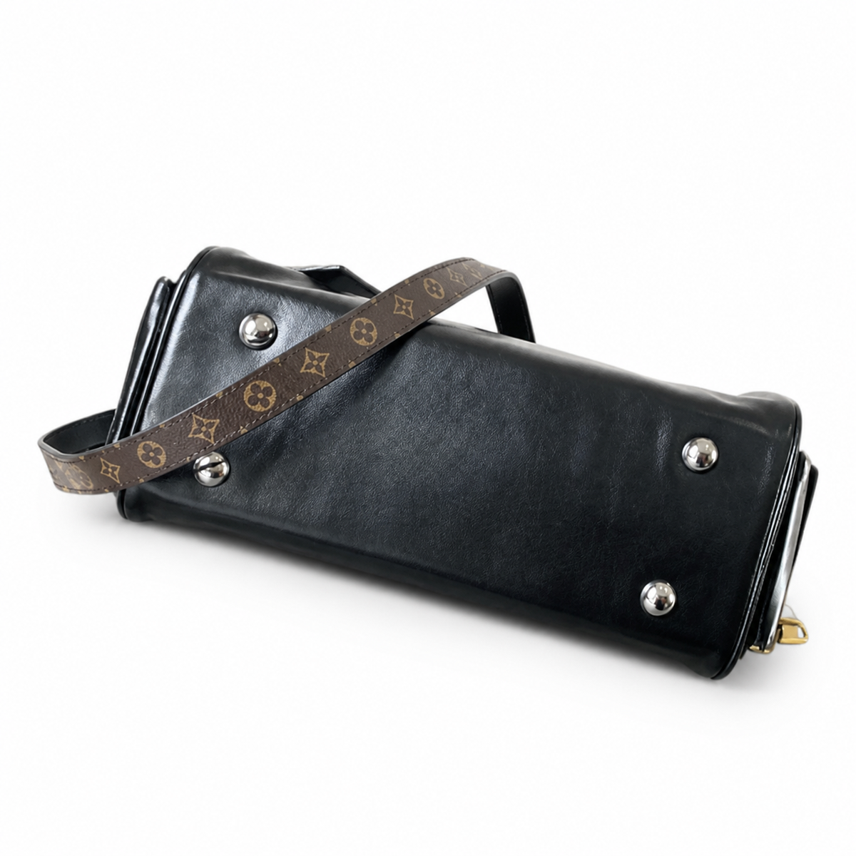 Louis Vuitton Mini Boston — Noir Black Smooth Calfskin, Monogram Canvas Strap, LV Paris Inscription & Luggage Tag
