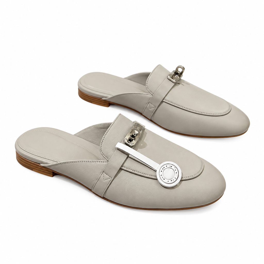 Hermès Light Grey Mules with Silver-Tone Hardware
