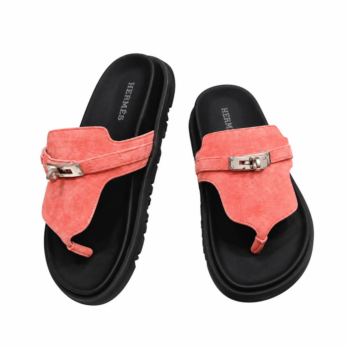 Hermès Coral Thong Sandals with Silver Buckle