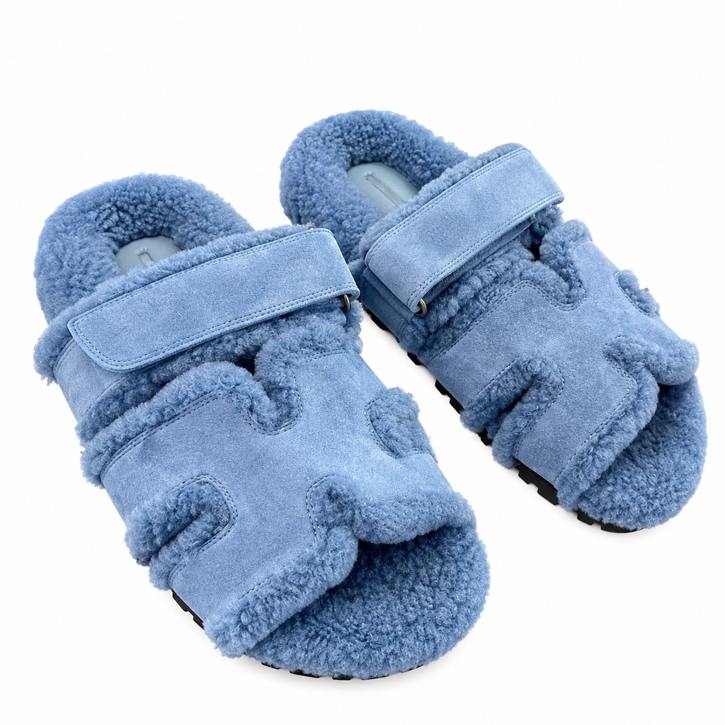 Hermès Light Blue Textured H-Strap Slides