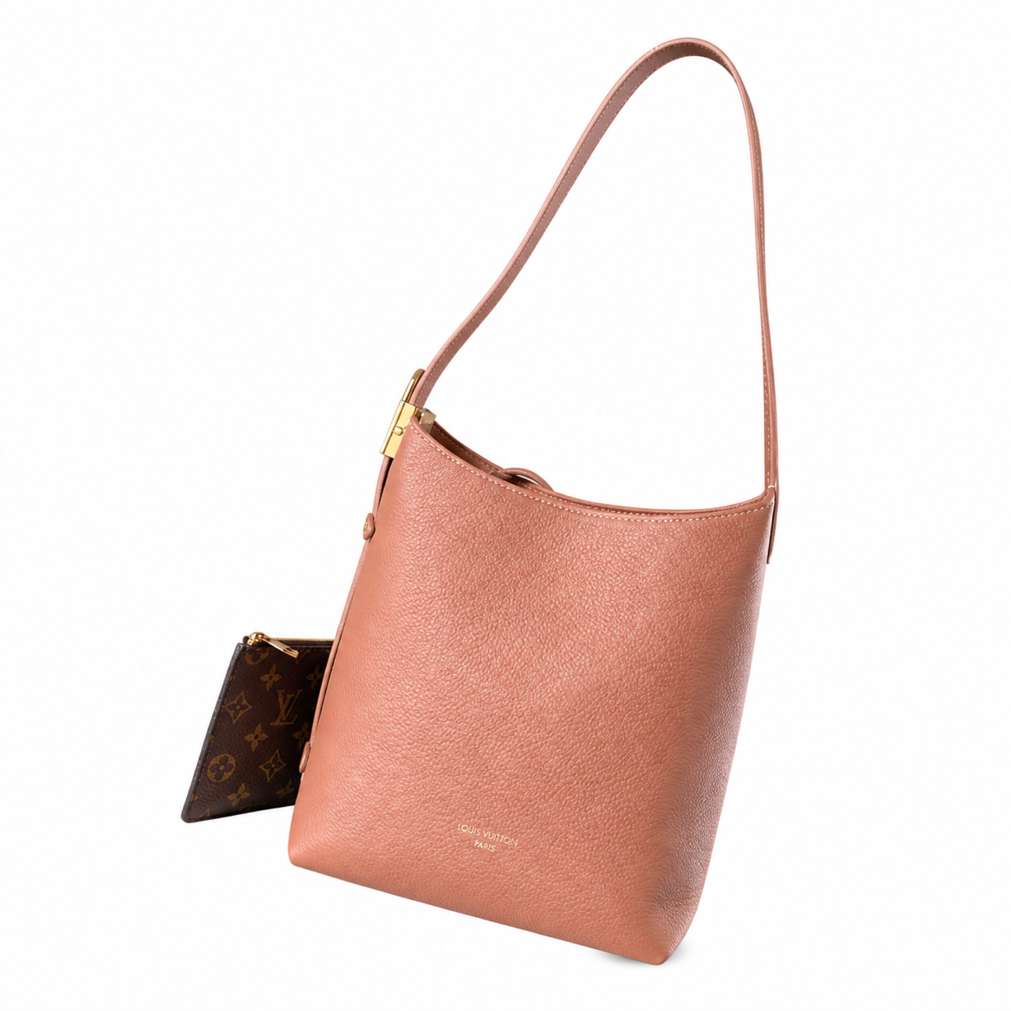 LV Rose Pink Grained Leather Shoulder Bucket Bag | With Monogram Coin Purse