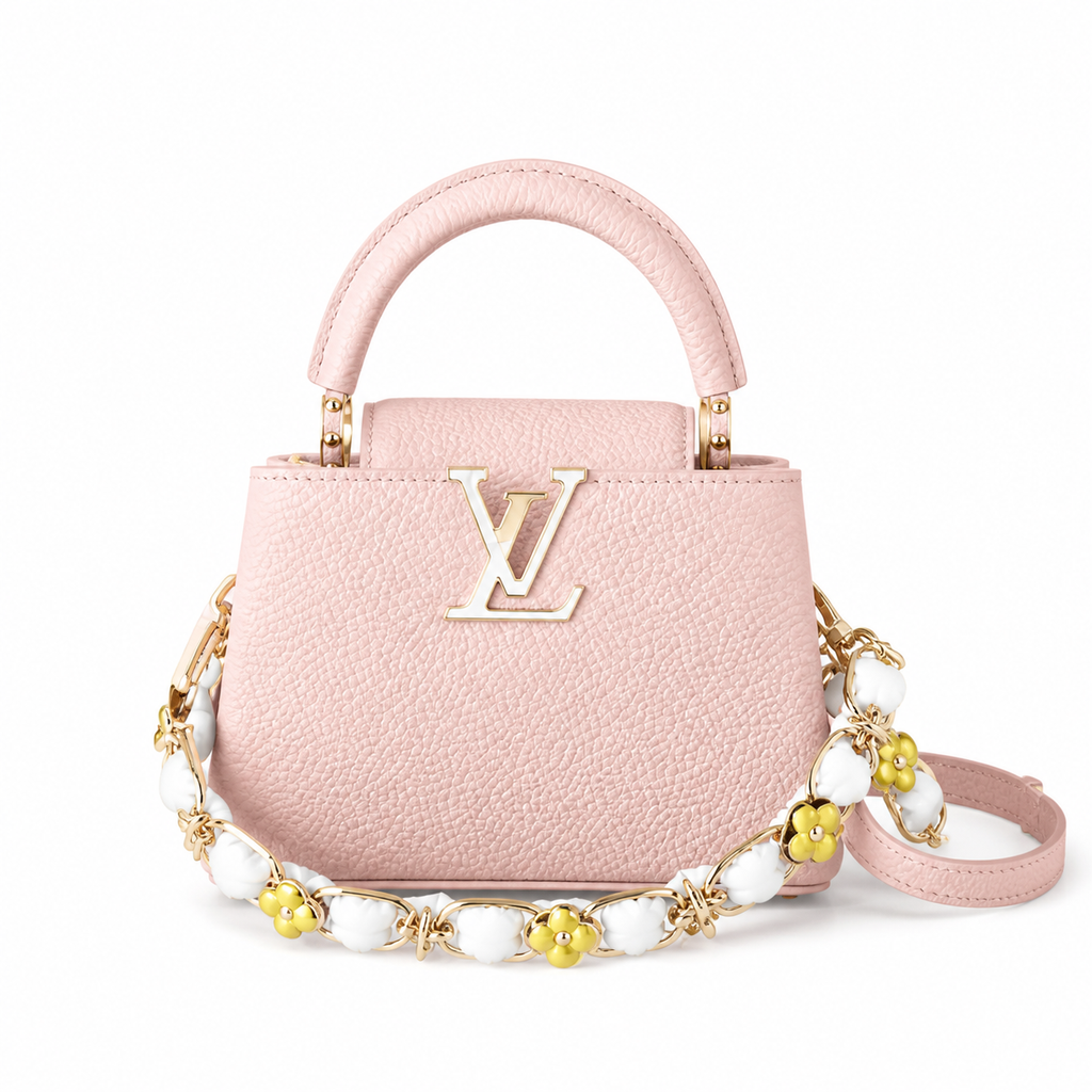 Louis Vuitton Capucines Mini — Taurillon Leather in Rose Poudre with Floral Enamel Chain