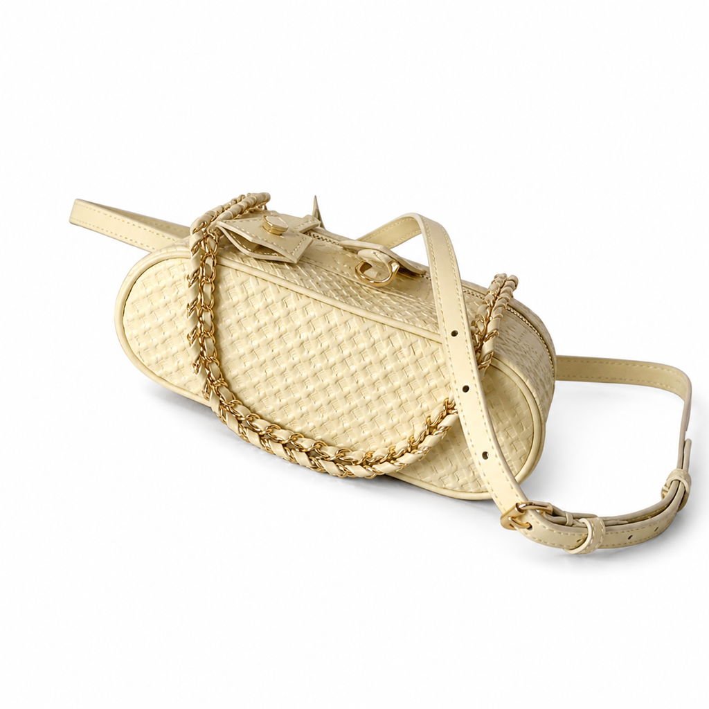 Louis Vuitton Twist MM — Woven Leather in Crème with Gold Chain Strap