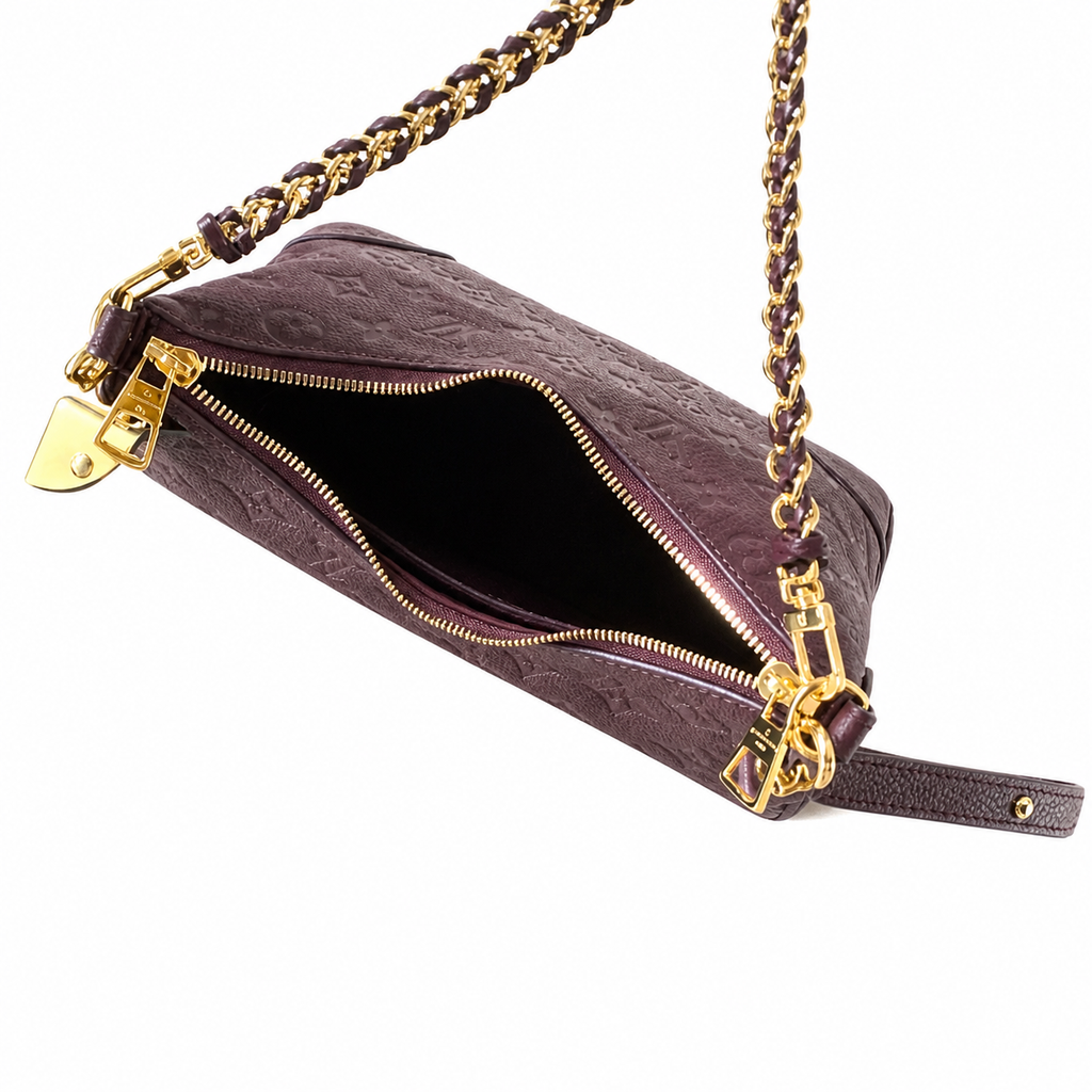 Louis Vuitton Bagatelle — Prune Monogram Empreinte & Leather-Woven Gold Chain