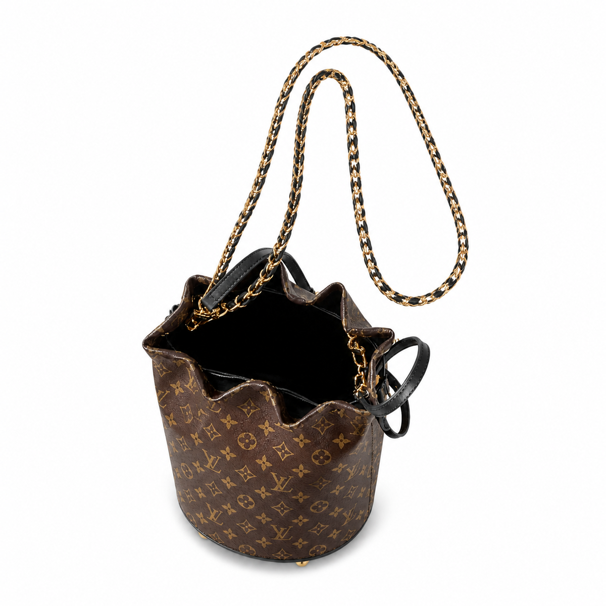 Louis Vuitton Drawstring Bucket — Monogram Canvas, Black Leather Trim, Gold Chain Handle & Corner Guards