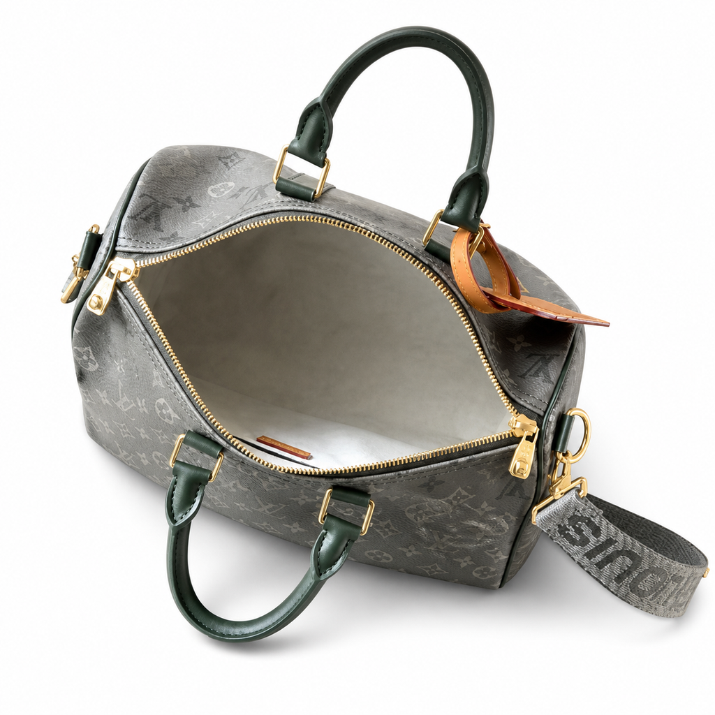 Louis Vuitton Speedy Bandoulière 30 — Monogram Titanium with Forest Green Leather & Jacquard Strap