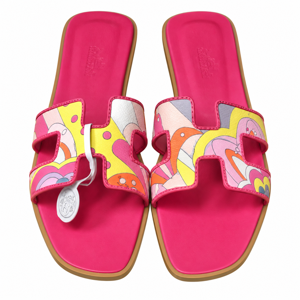 Hermès Fuchsia Printed H-Cutout Slide Sandals