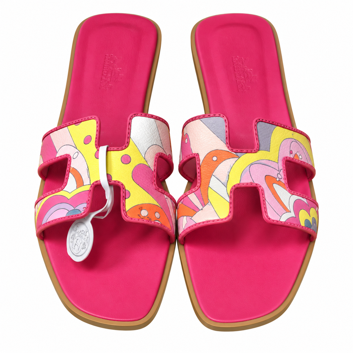 Hermès Fuchsia Printed H-Cutout Slide Sandals