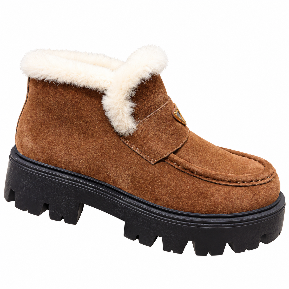 Prada Cognac Plush-Trim Lug-Sole Ankle Boots