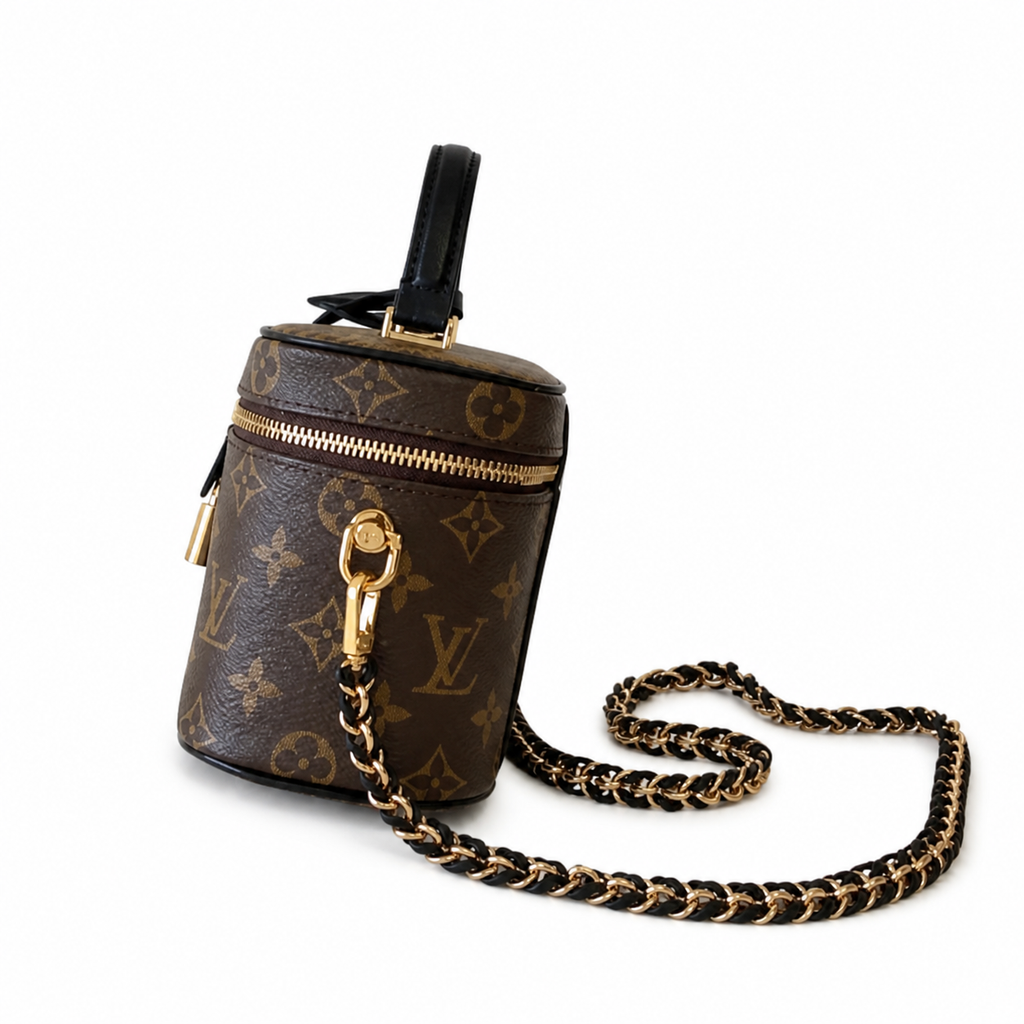Louis Vuitton Cylinder Vanity — Monogram Canvas, Black Leather-Woven Chain & Gold Ring Clasp