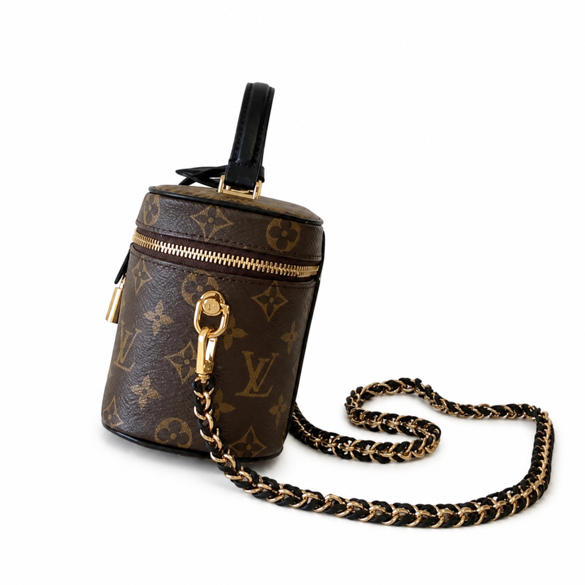 Louis Vuitton Cylinder Vanity — Monogram Canvas, Black Leather-Woven Chain & Gold Ring Clasp