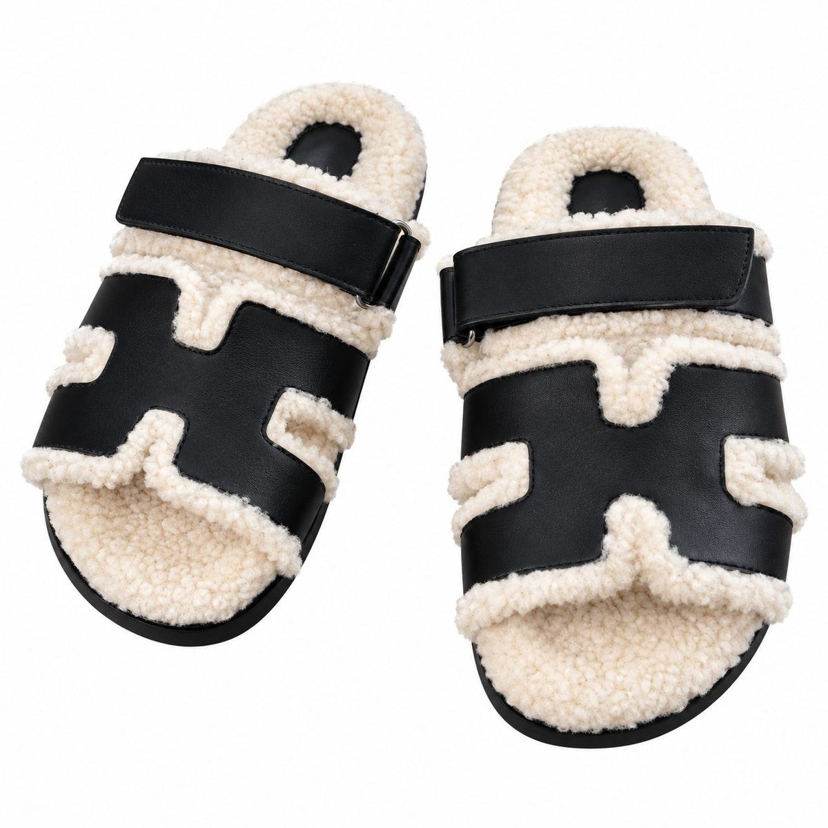 Hermès Black H-Strap Slides with Cream Trim