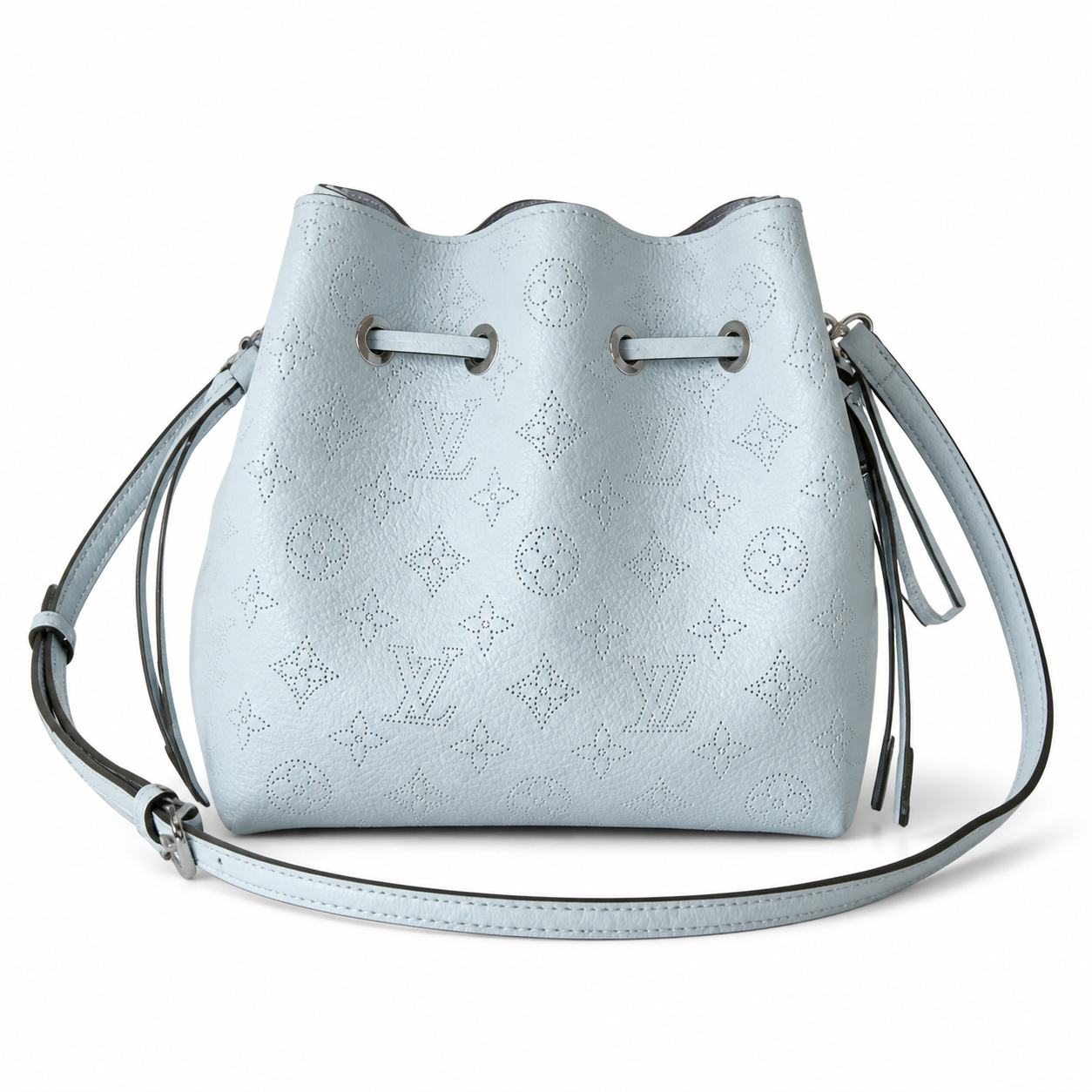 Louis Vuitton Mahina Mini Bucket — Bleu Glacier Perforated, Dual Leather Straps & Silver Ring Hardware