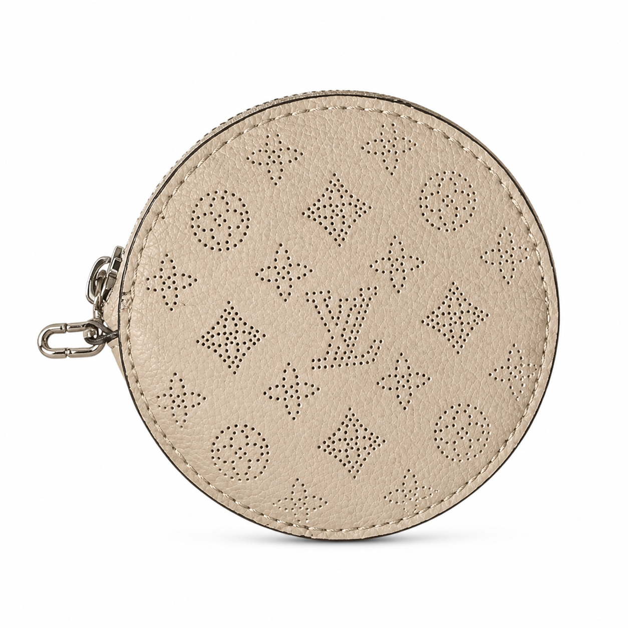 Louis Vuitton Mahina Mini Bucket — Crème Ivoire Perforated, Silver Chain, Drawstring & Round Coin Purse Set