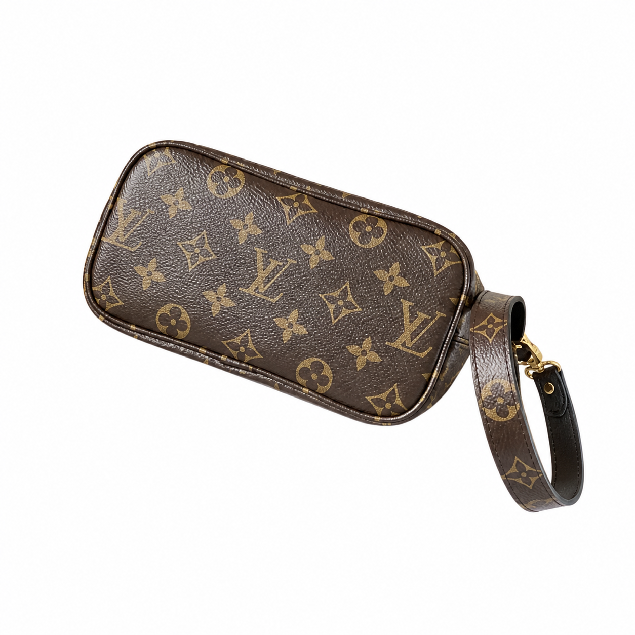 Louis Vuitton Monogram Clutch — Dark Brown Leather Edge Trim, Wristlet Strap & Full-Length Gold Zipper