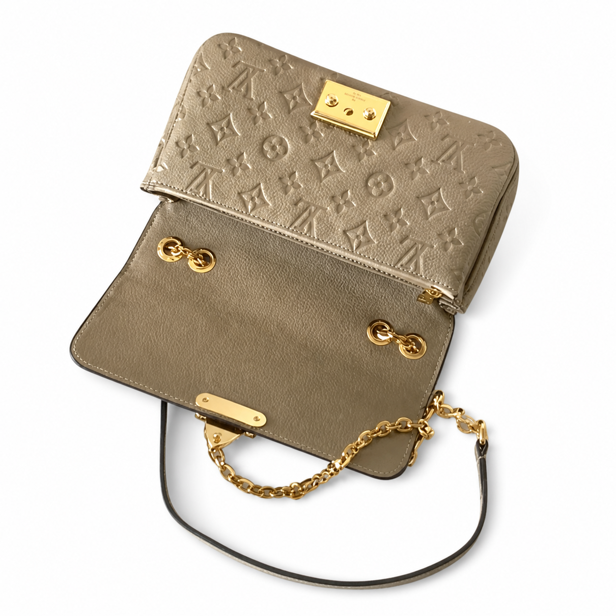 Louis Vuitton Flap Chain Bag — Taupe Empreinte, Square Push-Lock & Chunky Gold Chain