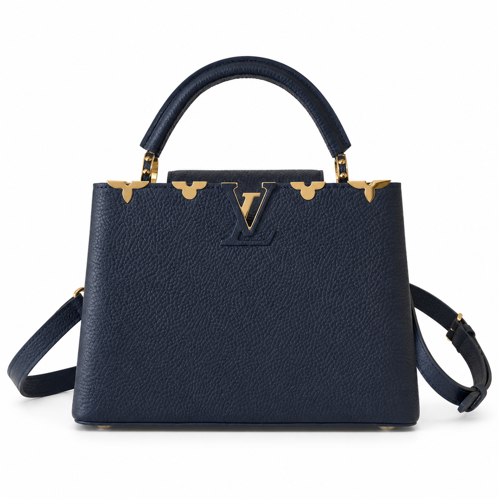 Louis Vuitton Capucines BB — Navy Taurillon, Floral Split LV Clasp & Petal Studs