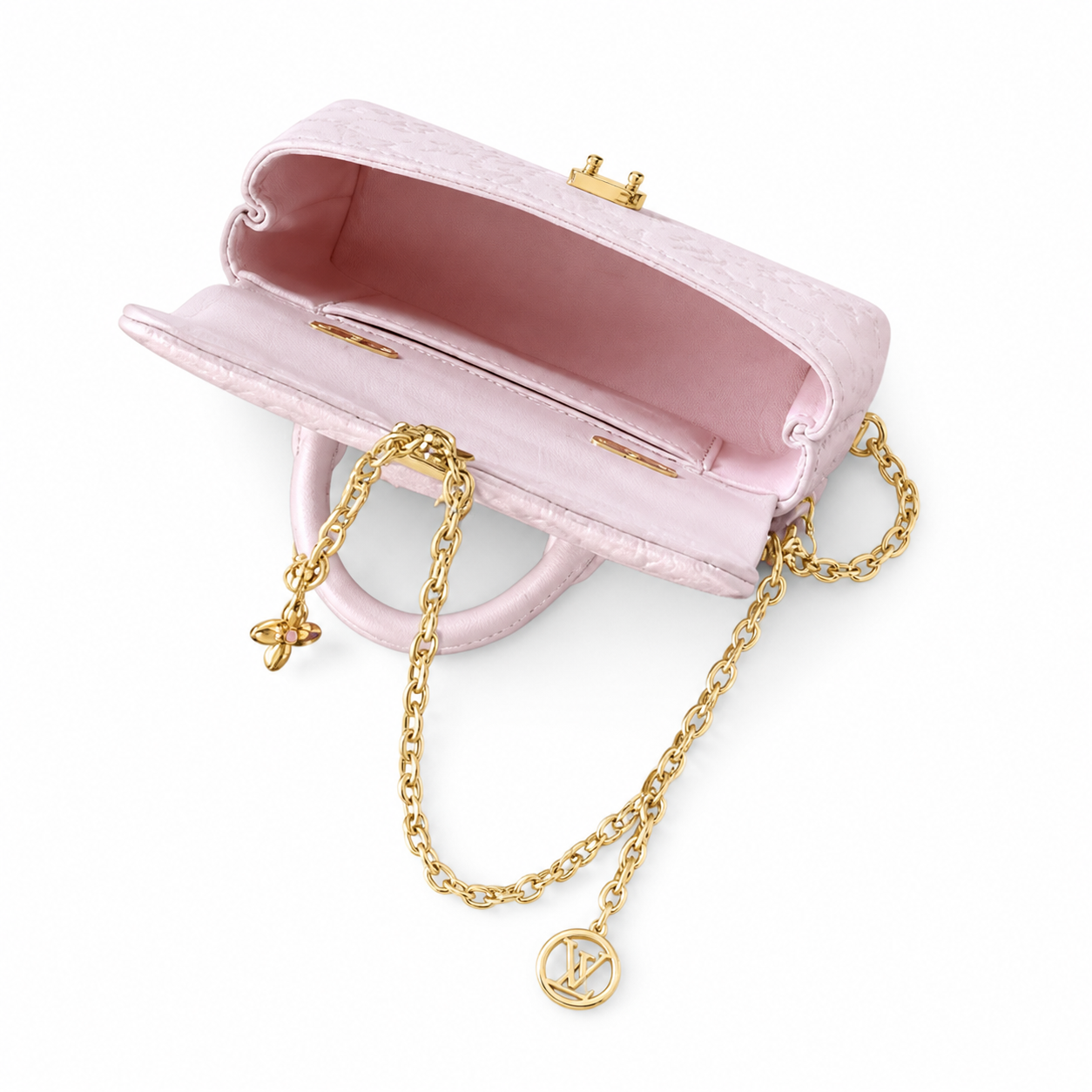 Louis Vuitton Dauphine Mini — Monogram Empreinte Leather in Rose Poudre with Gold Chain