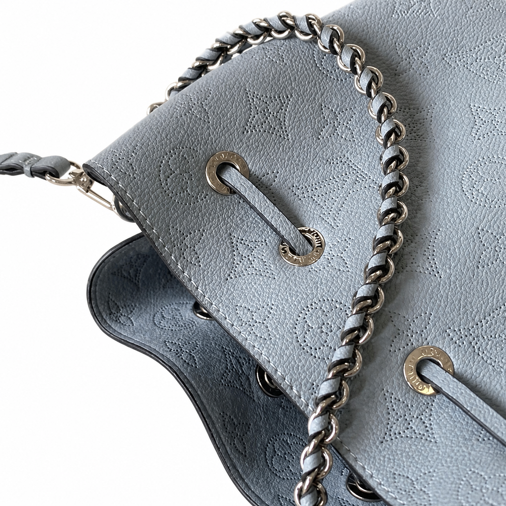 Louis Vuitton Mahina Mini Bucket — Bleu Glacier Perforated, Braided Chain Handle & Round Coin Purse Set