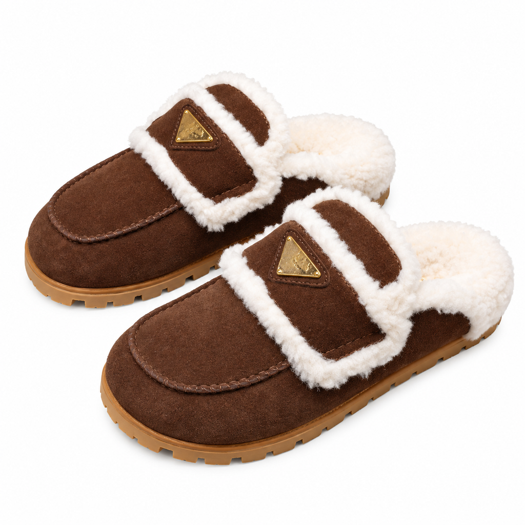 Prada Dark Brown Plush-Trim Loafer Mules