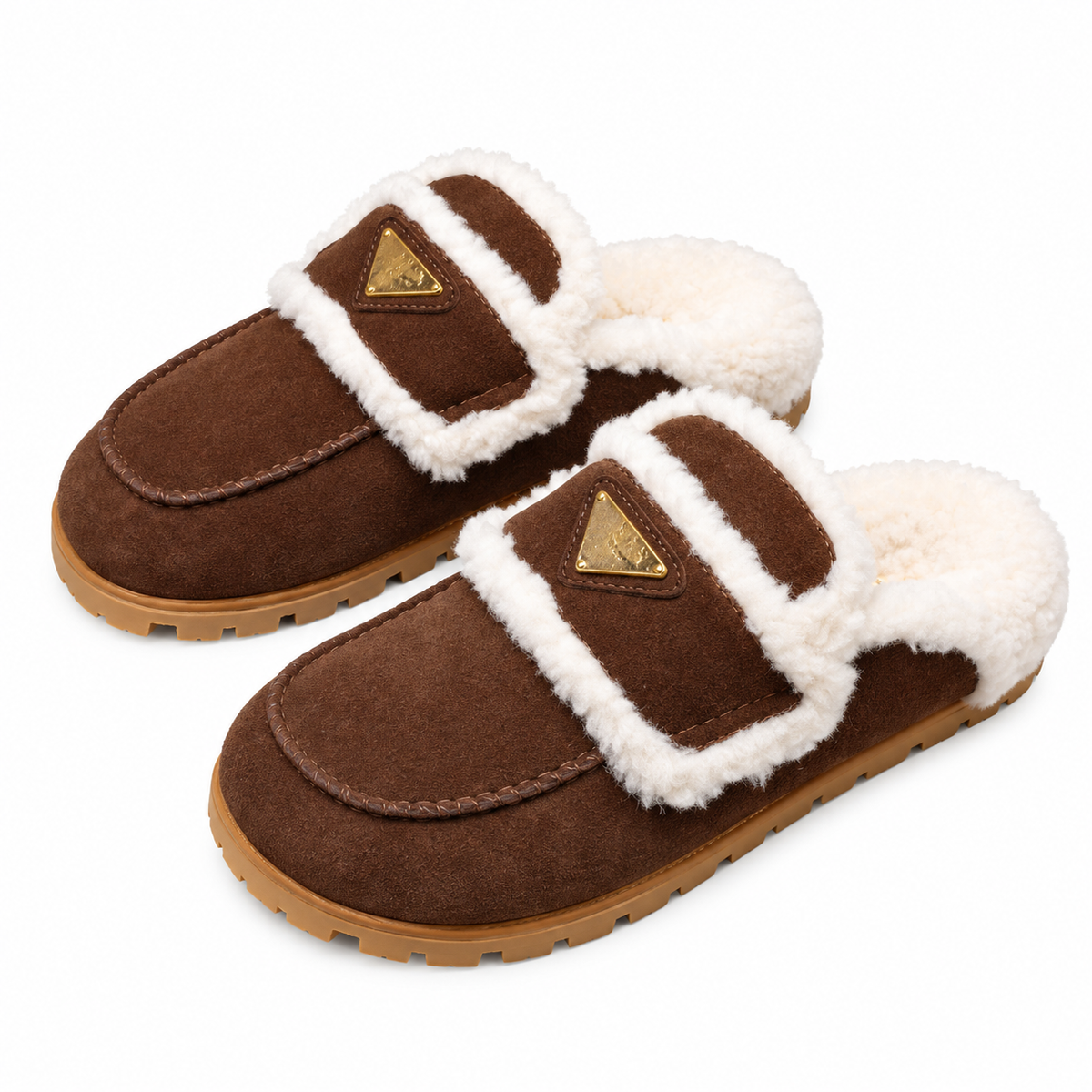 Prada Dark Brown Plush-Trim Loafer Mules