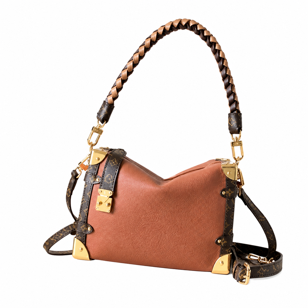 Louis Vuitton Side Trunk MM — Cognac Calfskin, Braided Top Handle, Monogram Canvas Trim & Dual Push-Lock