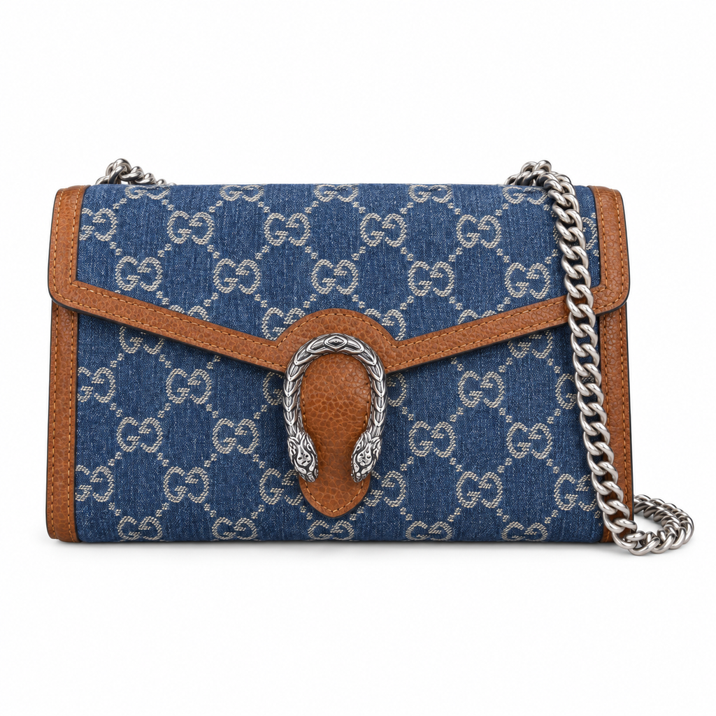 Gucci Dionysus Small Shoulder Bag in GG Denim Canvas with Cognac Trim