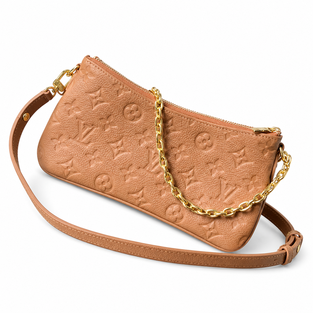 Louis Vuitton Milla MM — Caramel Miel Empreinte, Gold Chain & Adjustable Leather Strap