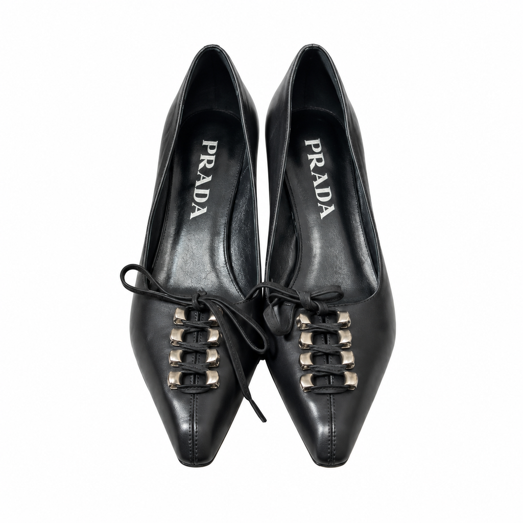 Prada Black Lace-Up Pointed-Toe Kitten Pumps