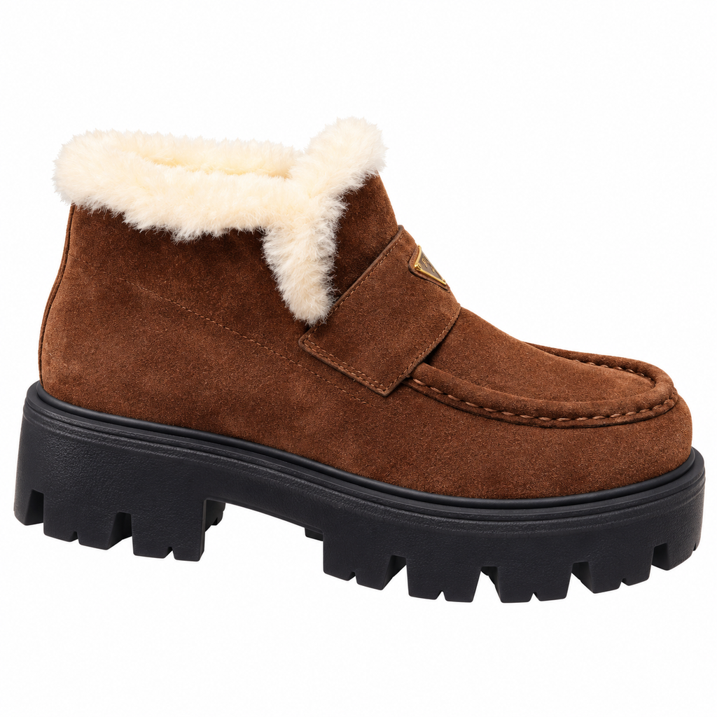 Prada Brown Plush-Trim Lug-Sole Ankle Boots