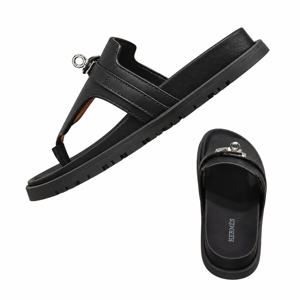 Hermès Black Thong Sandals with Silver Buckle