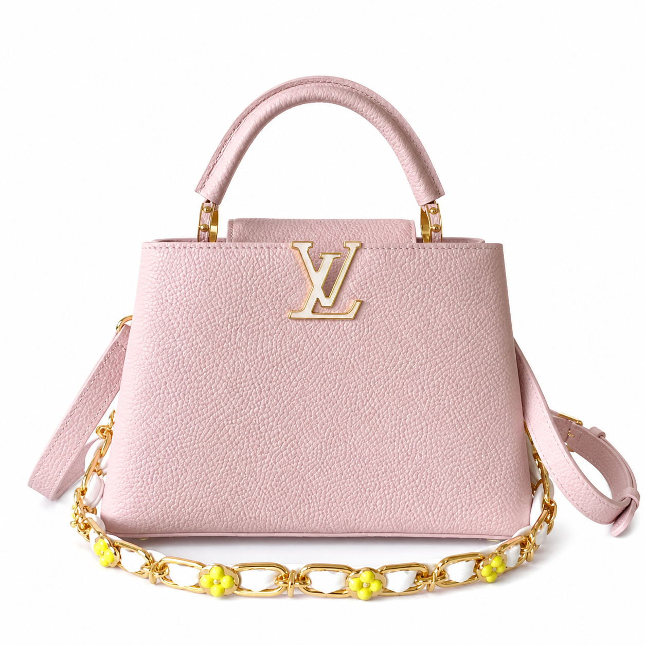 Louis Vuitton Capucines — Taurillon Leather in Rose Poudre with Yellow Flower Enamel Chain