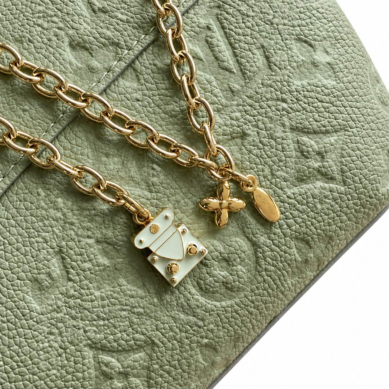 Louis Vuitton Mini Flap — Vert Sauge Empreinte, Gold Chunky Chain, Enamel Trunk Charm & Crystal Pendant