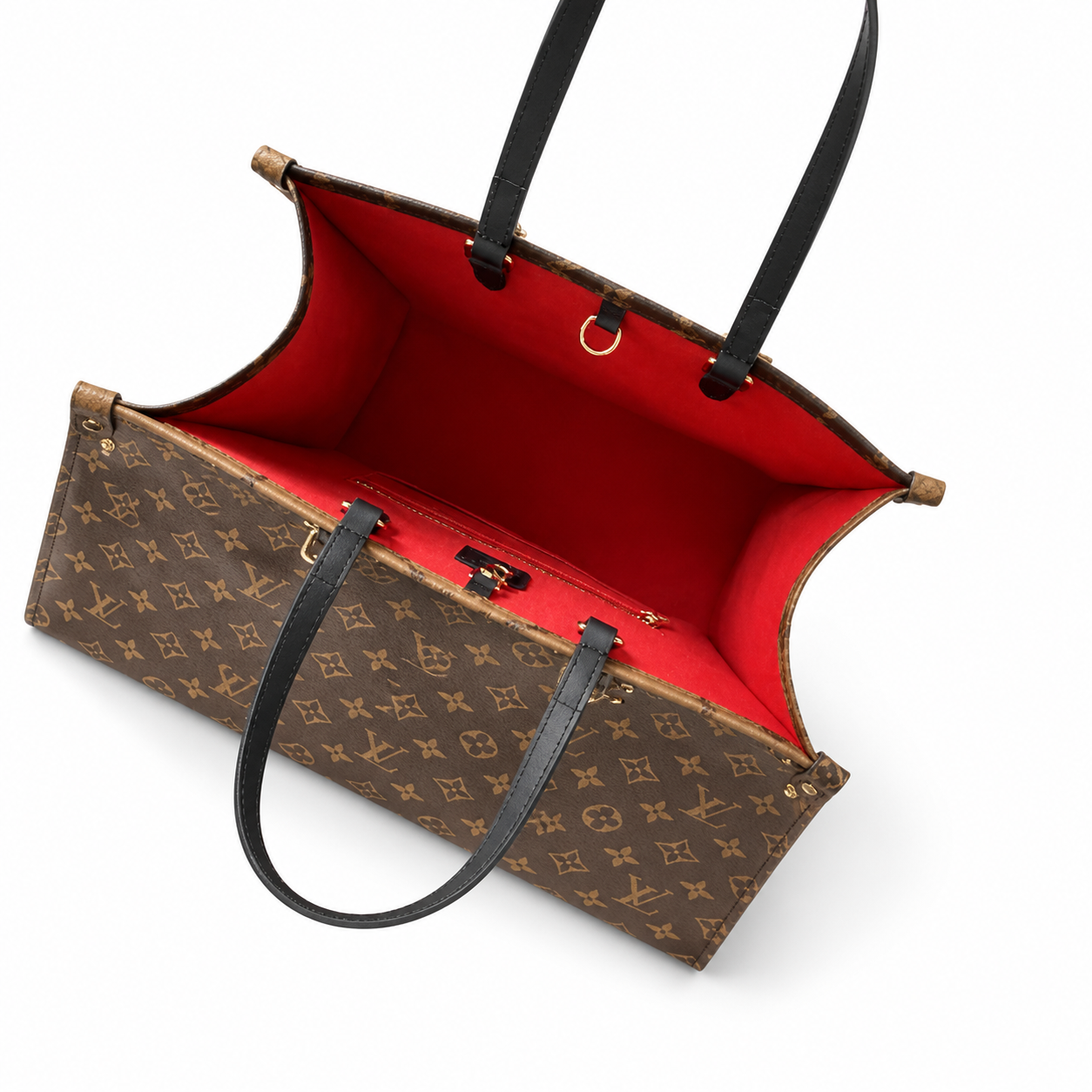 Louis Vuitton Structured Tote — Monogram Canvas, Black Leather Straps & Red Interior
