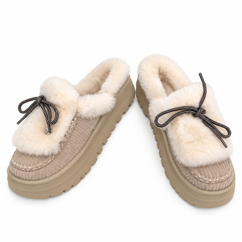 UGG Sand Beige Ribbed Bow Platform Slippers
