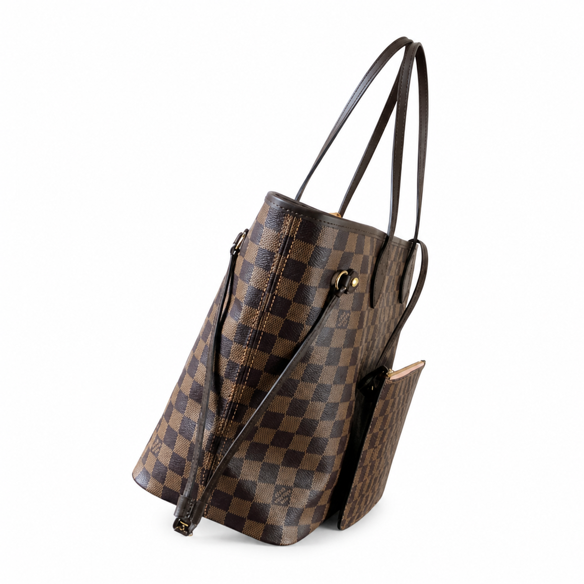 Louis Vuitton Neverfull MM — Damier Ébène, Dark Leather Straps & Side Cinch