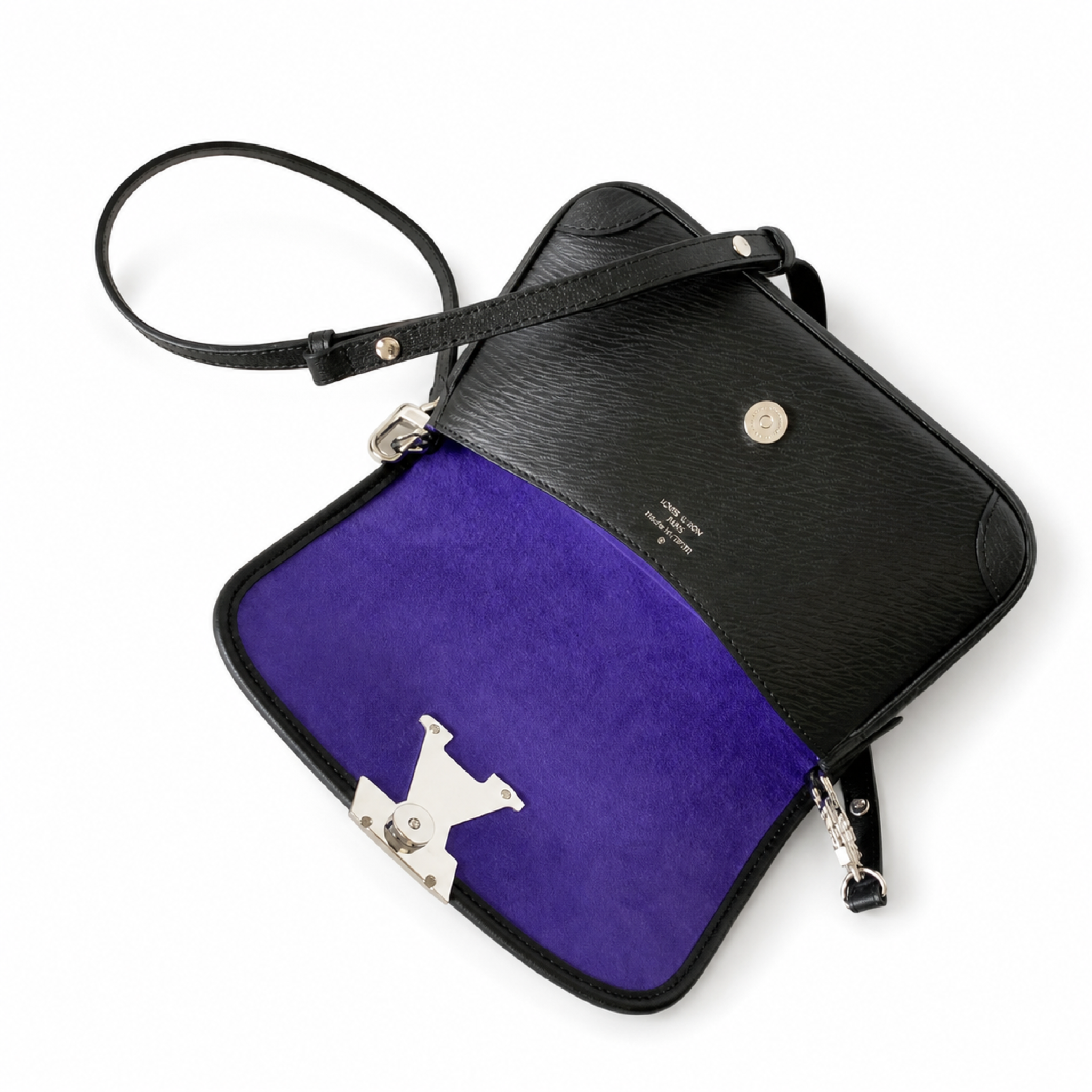 Louis Vuitton Flap Crossbody — Black Epi Leather, Silver Flip-Lock & Violet Suede Interior