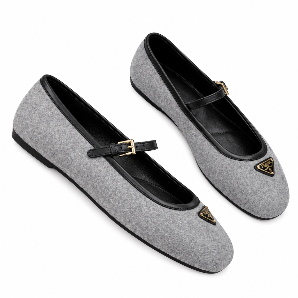 Prada Grey Textured Mary Jane Ballet Flats