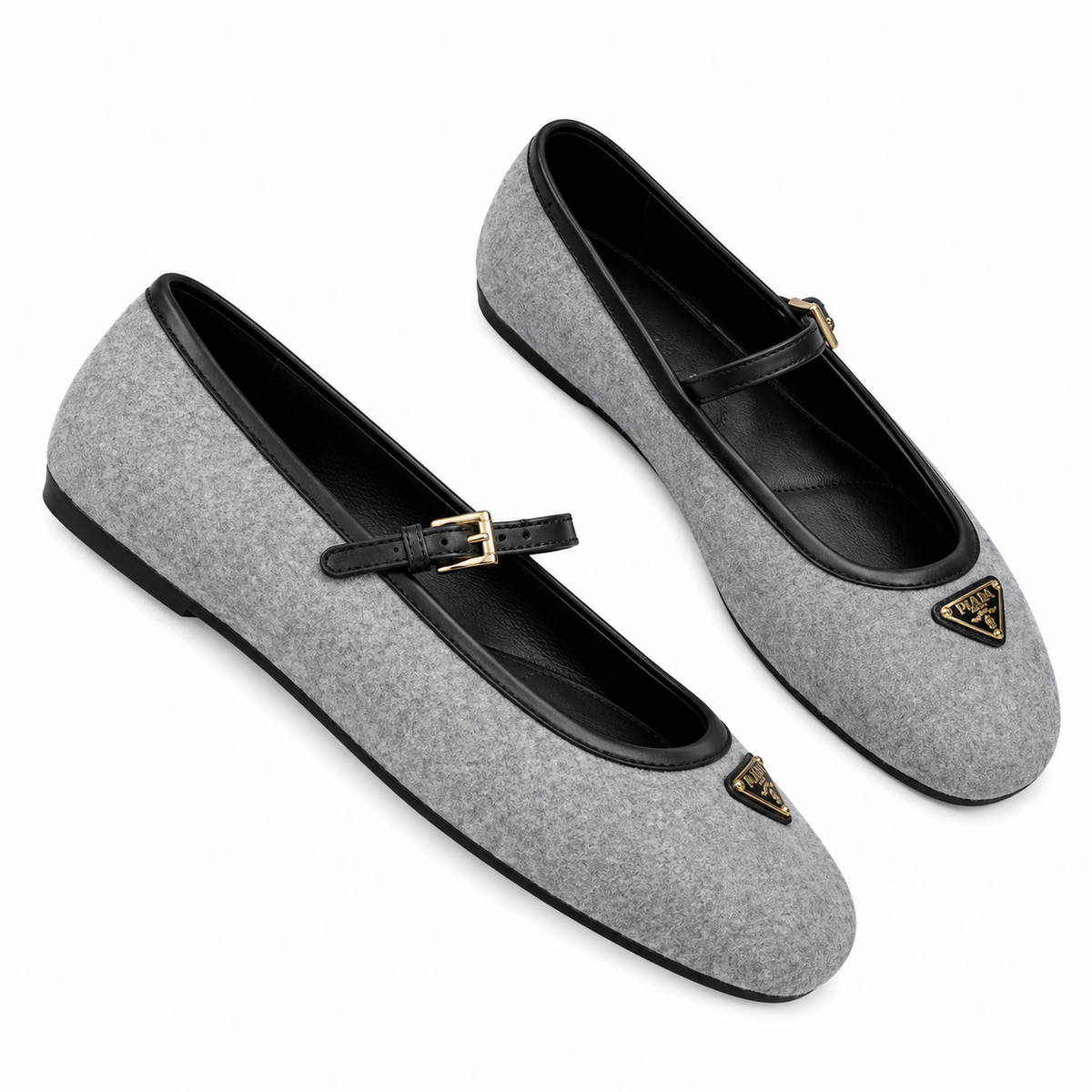 Prada Grey Textured Mary Jane Ballet Flats